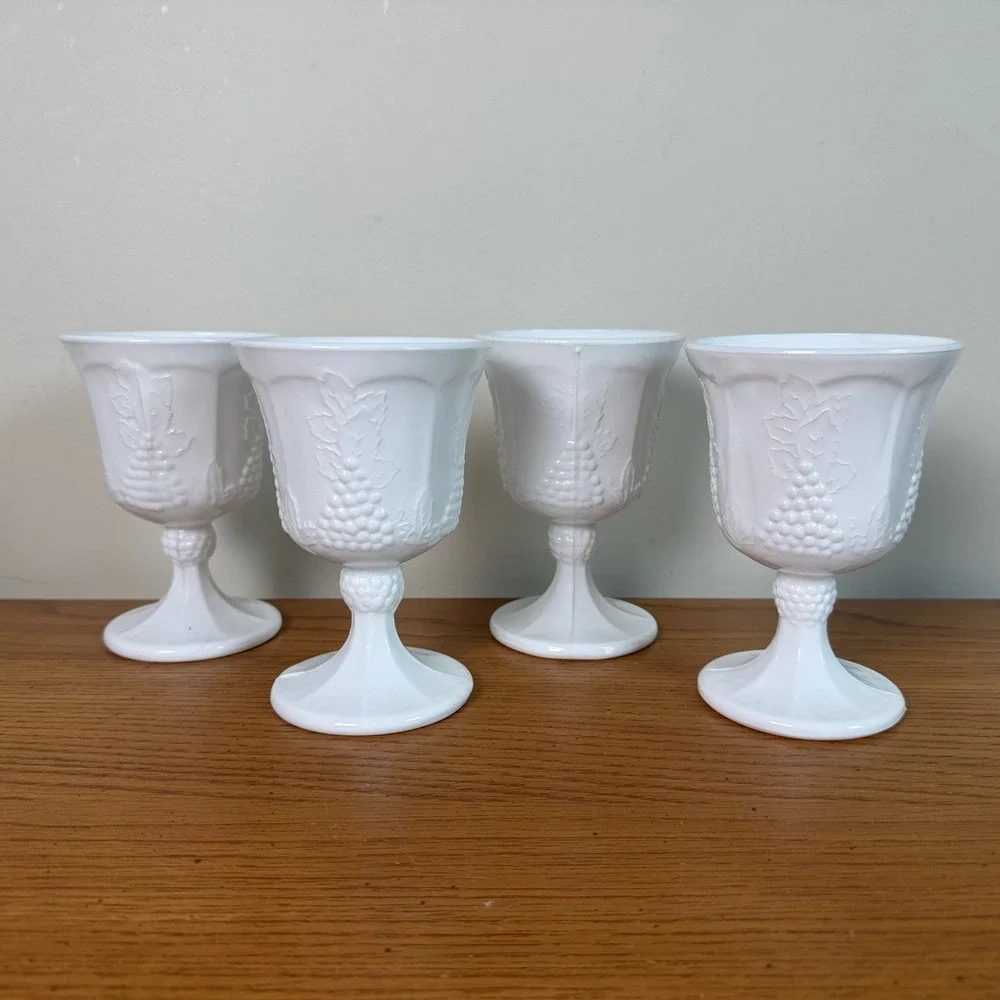 Vintage Westmoreland Milk Glass Harvest Grape Water Goblets Set of 4 White